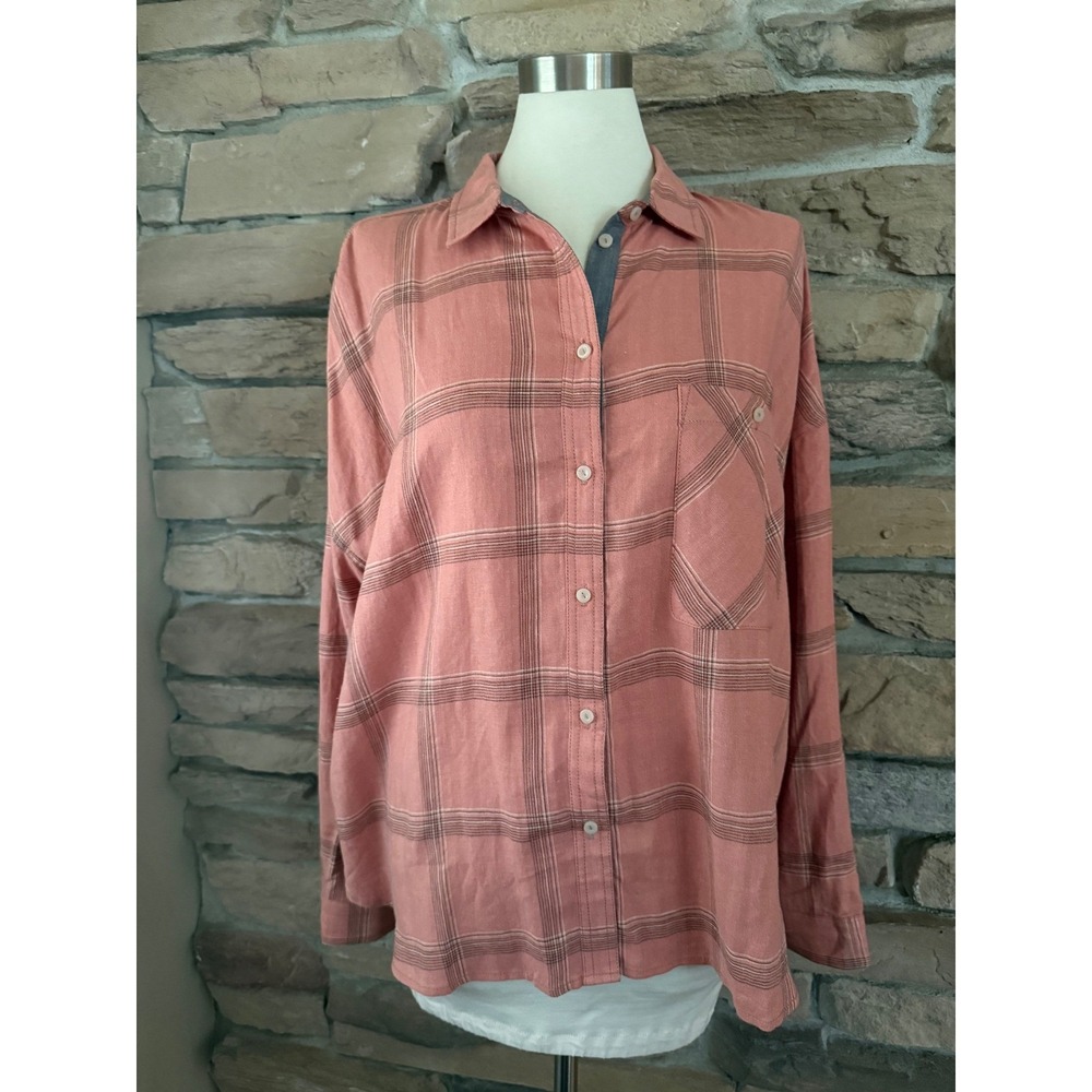 Fat Face Frome Relaxed Check Linen Blend Plaid Shirt Rust Brown Pink Womens 14